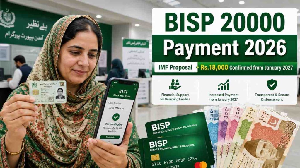 BISP 20000 payment 2026, IMF proposal status check karein, Rs.18,000 January 2027 confirmed Pakistan